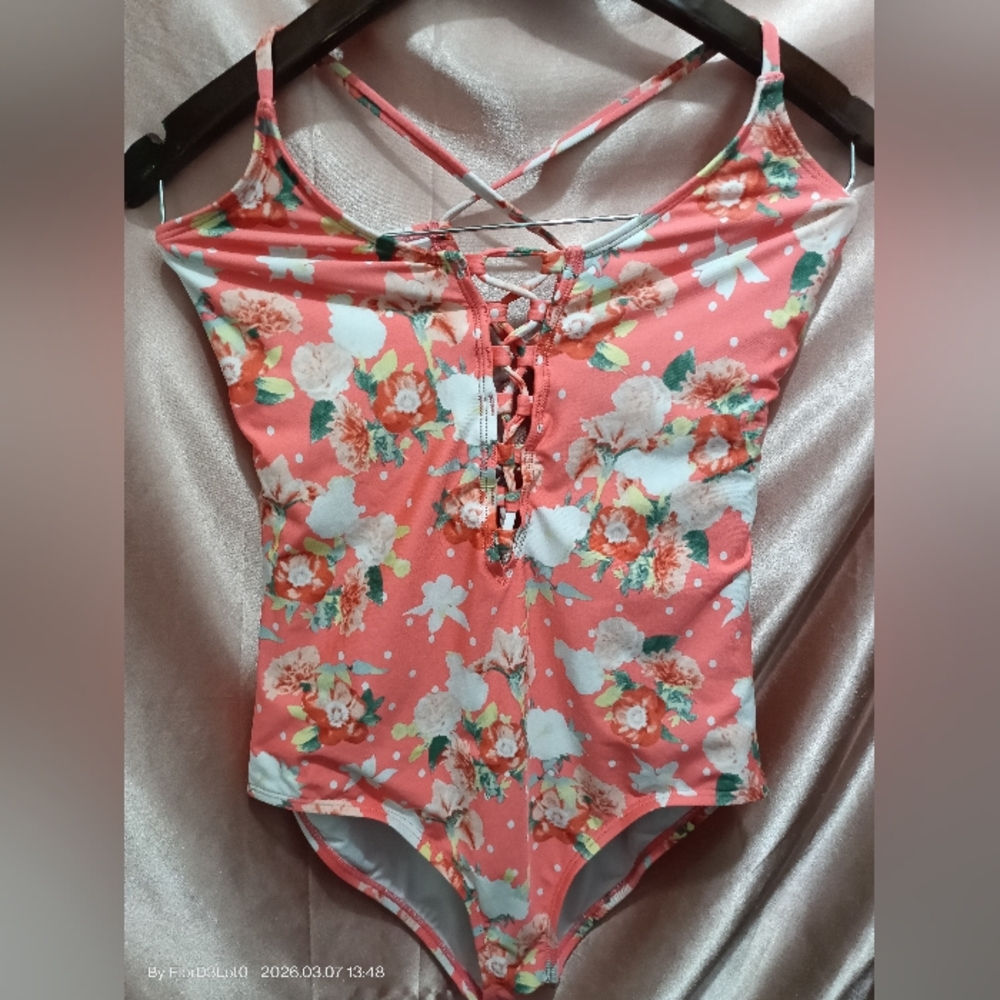 Floral Coral Lace-Up Girls' One-Piece Swimsuit